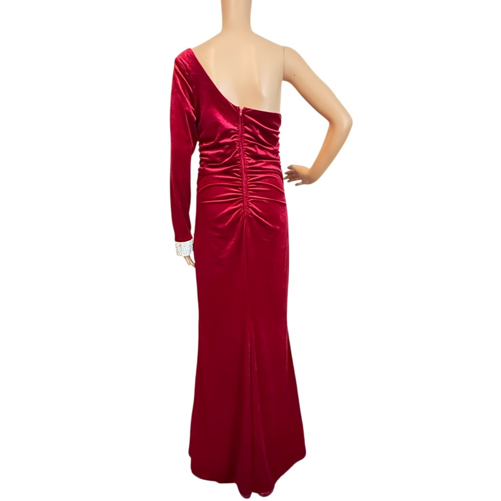 New Lyra Velvet One-Shoulder Rhinestone Cuff Mermaid Dress - Picture 12 of 14